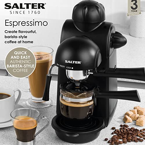 Salter EK3131 Espressimo Machine – 4-Shot Latte and Cappuccino Maker with Milk Frothing Wand, Includes 240 ml Glass Carafe, Barista Style Coffee, 5-Bar Pressure, Stainless Steel Filter, 870 W, Black
