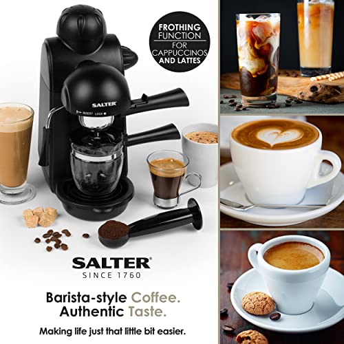 Salter EK3131 Espressimo Machine – 4-Shot Latte and Cappuccino Maker with Milk Frothing Wand, Includes 240 ml Glass Carafe, Barista Style Coffee, 5-Bar Pressure, Stainless Steel Filter, 870 W, Black