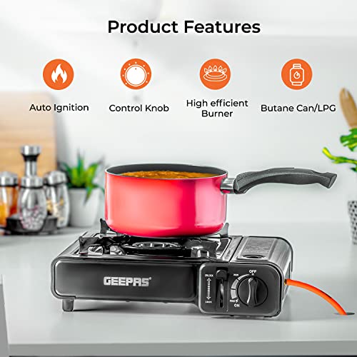 Geepas Gas Stove Single Burner – Portable Camping Stove BBQ Cooker with Carry Case, Outdoor Grill Plate – Automatic Ignition System, Enamel Pan Support, Butane Can or LPG Gas Source – Black Stove