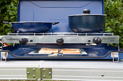 Campingaz Chef Folding Double Burner Stove and Grill, compact gas cooker for camping or festivals, Blue