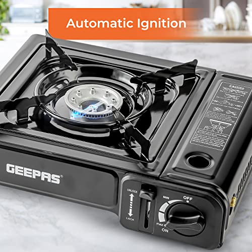 Geepas Gas Stove Single Burner – Portable Camping Stove BBQ Cooker with Carry Case, Outdoor Grill Plate – Automatic Ignition System, Enamel Pan Support, Butane Can or LPG Gas Source – Black Stove