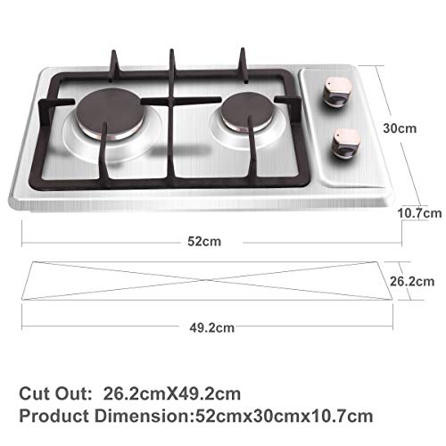 NOXTON Gas Hob 2 Burner, Built-in Gas Cooker Plug & Go, Stainless Steel Easy to Clean, Cast Iron Pan Support, Flame Out Protection Prevent Gas Leakage, LPG/NG Kit