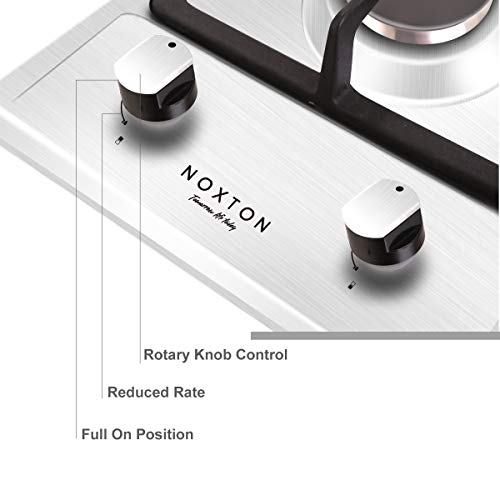 NOXTON Gas Hob 2 Burner, Built-in Gas Cooker Plug & Go, Stainless Steel Easy to Clean, Cast Iron Pan Support, Flame Out Protection Prevent Gas Leakage, LPG/NG Kit