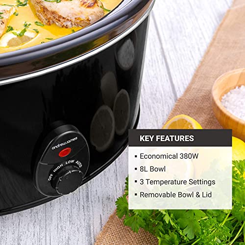 Andrew James Slow Cooker In Black, 380 Watts, 8 Litre Capacity | Tempered Glass Lid | Make up to 30 Portions | Removable Inner Bowl