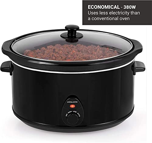 Andrew James Slow Cooker In Black, 380 Watts, 8 Litre Capacity | Tempered Glass Lid | Make up to 30 Portions | Removable Inner Bowl