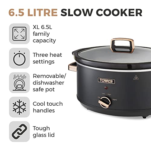 Tower T16043BLK Cavaletto 6.5 Litre Slow Cooker with 3 Heat Settings, Cool Touch Handles, Black and Rose Gold