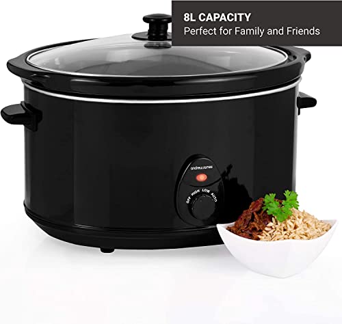 Andrew James Slow Cooker In Black, 380 Watts, 8 Litre Capacity | Tempered Glass Lid | Make up to 30 Portions | Removable Inner Bowl