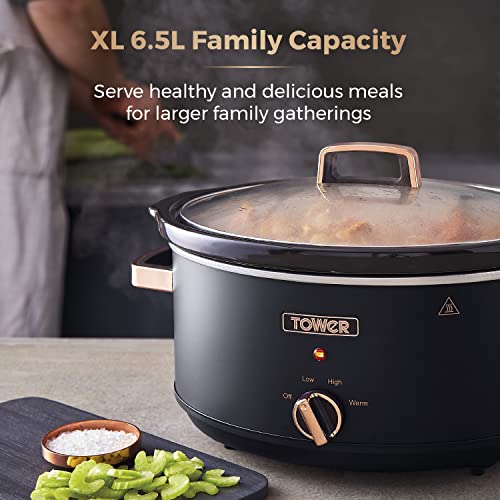 Tower T16043BLK Cavaletto 6.5 Litre Slow Cooker with 3 Heat Settings, Cool Touch Handles, Black and Rose Gold