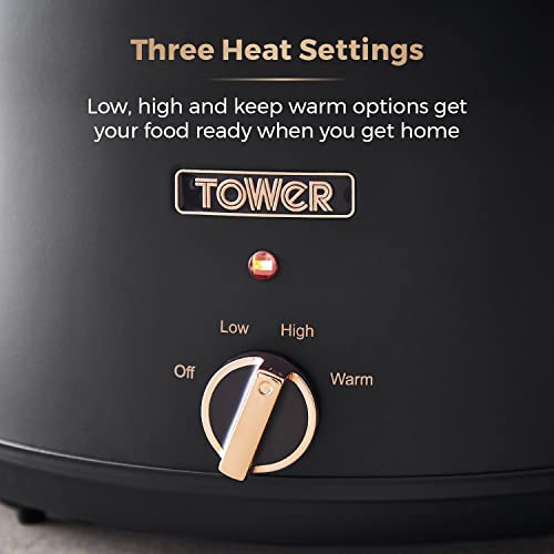 Tower T16043BLK Cavaletto 6.5 Litre Slow Cooker with 3 Heat Settings, Cool Touch Handles, Black and Rose Gold