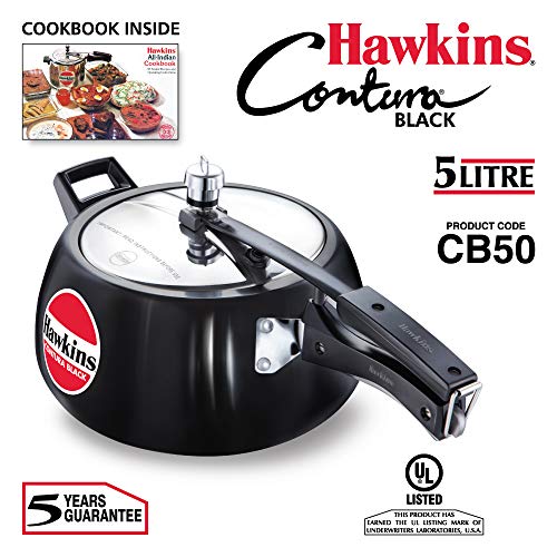 Hawkins Contura Black 5 Litre Pressure Cooker, Hard Anodised Cooker, Handi Cooker, Black (CB50)