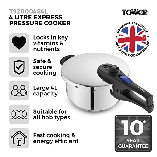 Tower T920004S4L Express Pressure Cooker with Bakelite Lid Lock System, Visual Pressure Indicator, 4 Litre, Stainless Steel