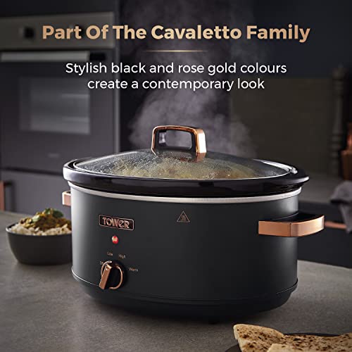 Tower T16043BLK Cavaletto 6.5 Litre Slow Cooker with 3 Heat Settings, Cool Touch Handles, Black and Rose Gold