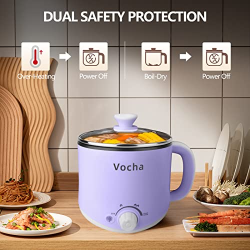 Vocha Electric Hot Pot with Keep Warm Function, 1.6L Rapid Ramen Noodles Cooker, Mini Travel Cooker, Non-stick Multifunctional Cooker, Perfect for Pasta/Oatmeal/Soup/Dumplings, Stock Pot -Purple