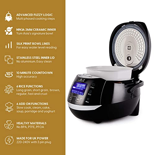 Yum Asia Sakura Rice Cooker with Ceramic Bowl and Advanced Fuzzy Logic (8 cup, 1.5 litre) 6 Rice Cook Functions, 6 Multicook Functions, Motouch LED Display, 220-240V UK/EU Power (Black and Silver)