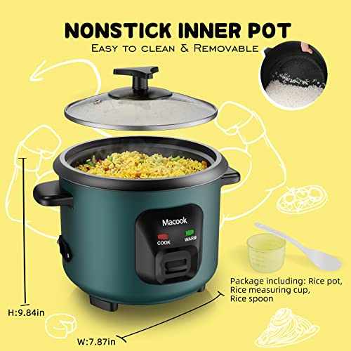 0.6L Mini Rice Cooker 3-Cups Uncooked, Macook Portable Non-Stick Small Travel Rice Cooker, 15 Minutes Fast Cooking, Keep Warm, Rice Cooker Small Suitable for 1-3 People, Green