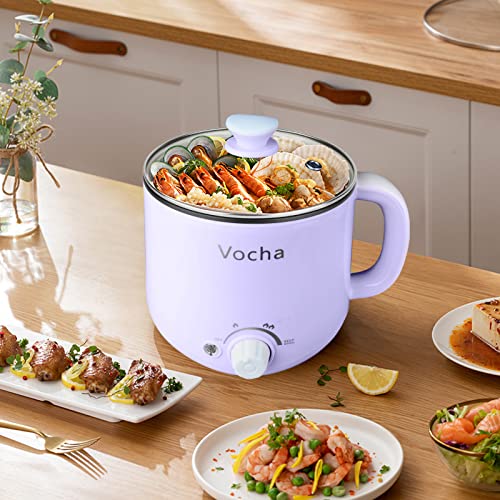 Vocha Electric Hot Pot with Keep Warm Function, 1.6L Rapid Ramen Noodles Cooker, Mini Travel Cooker, Non-stick Multifunctional Cooker, Perfect for Pasta/Oatmeal/Soup/Dumplings, Stock Pot -Purple