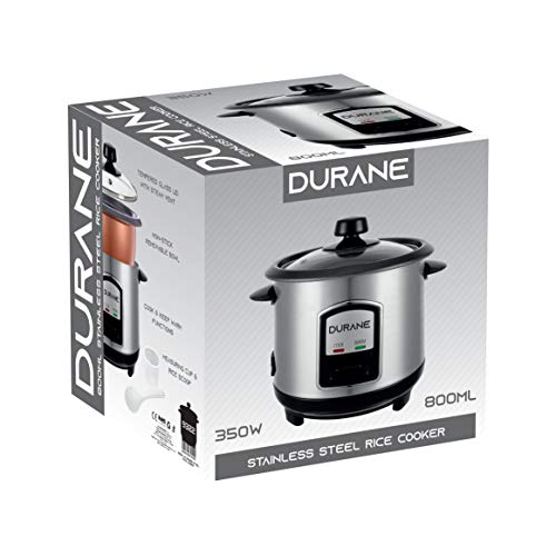 DURANE Electric Rice Cooker 800ml Stainless Steel Cook/Warm Functions and Vented Glass Lid