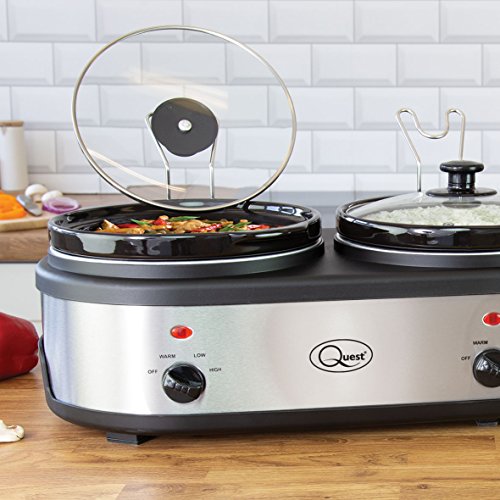 Quest 16530 3 Pot Electric Slow Cooker, Buffet Server & Food Warmer / 3 Large Sized 2.5 Litre Ceramic Pots / Lids & Lid Stands / 3 Heat Settings / Silver Stainless Steel Finish