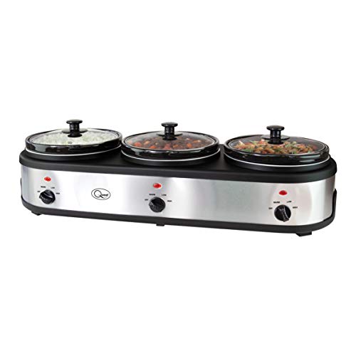 Quest 16530 3 Pot Electric Slow Cooker, Buffet Server & Food Warmer / 3 Large Sized 2.5 Litre Ceramic Pots / Lids & Lid Stands / 3 Heat Settings / Silver Stainless Steel Finish