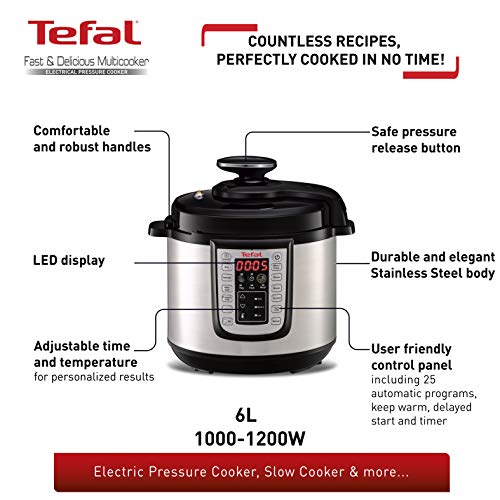 Tefal All-in-One Electric Pressure/Multi Cooker, (6 Portions), Black/Stainless Steel, CY505E40, 6L, 1600W