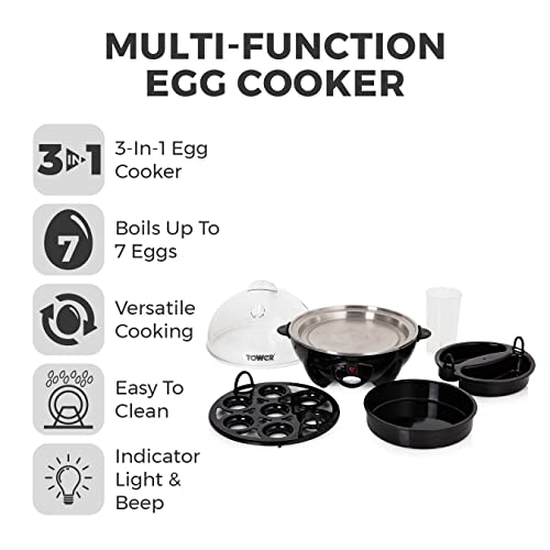 Tower T19023 Multi-Function Egg Cooker with Egg Poaching Tray & Omelette Tray, 360W, Black
