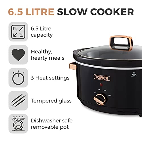 Tower T16019RG Infinity Slow Cooker with 3 Heat Settings & Keep Warm Function, 6.5L, 270W, Black and Rose Gold