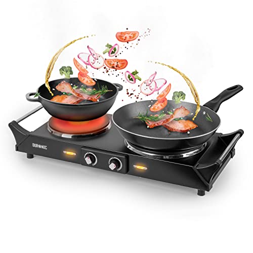 Duronic Hot Plate HP2BK | Table-Top Cooking | 2500W | Black Steel Electric Double Hob with Handles | 2 Cast Iron Portable Hob Rings (1500W & 1000W) | for Warming | Cooking |Boiling | Fryer
