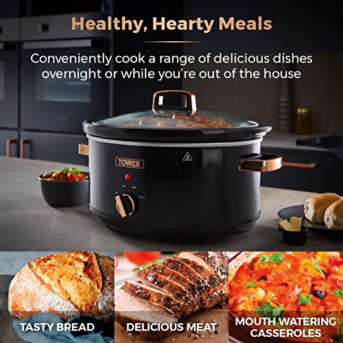 Tower T16019RG Infinity Slow Cooker with 3 Heat Settings & Keep Warm Function, 6.5L, 270W, Black and Rose Gold