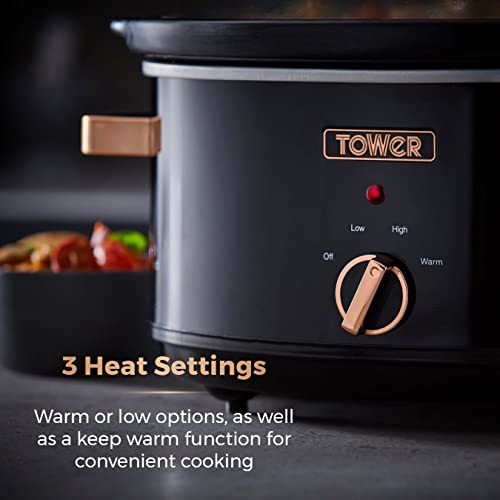 Tower T16019RG Infinity Slow Cooker with 3 Heat Settings & Keep Warm Function, 6.5L, 270W, Black and Rose Gold
