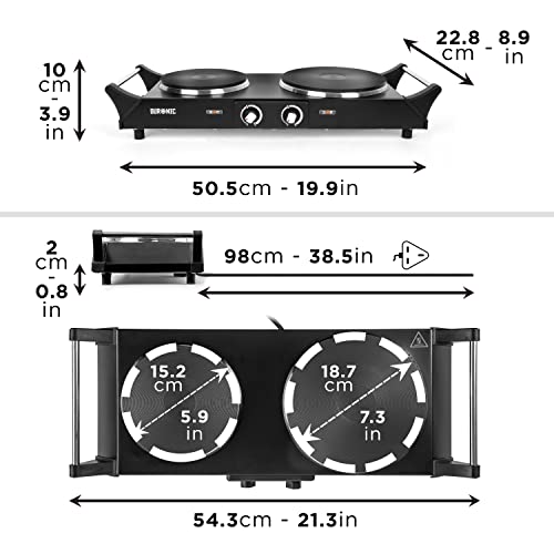 Duronic Hot Plate HP2BK | Table-Top Cooking | 2500W | Black Steel Electric Double Hob with Handles | 2 Cast Iron Portable Hob Rings (1500W & 1000W) | for Warming | Cooking |Boiling | Fryer