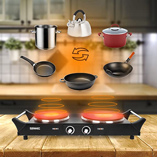 Duronic Hot Plate HP2BK | Table-Top Cooking | 2500W | Black Steel Electric Double Hob with Handles | 2 Cast Iron Portable Hob Rings (1500W & 1000W) | for Warming | Cooking |Boiling | Fryer