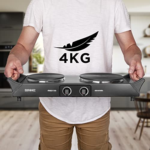 Duronic Hot Plate HP2BK | Table-Top Cooking | 2500W | Black Steel Electric Double Hob with Handles | 2 Cast Iron Portable Hob Rings (1500W & 1000W) | for Warming | Cooking |Boiling | Fryer
