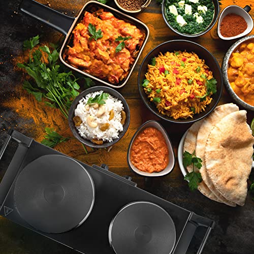 Duronic Hot Plate HP2BK | Table-Top Cooking | 2500W | Black Steel Electric Double Hob with Handles | 2 Cast Iron Portable Hob Rings (1500W & 1000W) | for Warming | Cooking |Boiling | Fryer