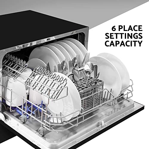 Baridi Compact Tabletop Dishwasher 6 Place Settings, 6 Programmes, Low Noise, 6.5L Cycle, Start Delay - Black - DH85