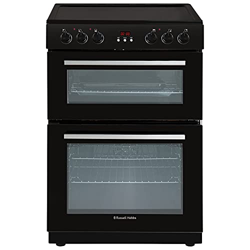 Russell Hobbs RH60EDOEH6001B Black 105L Freestanding 60cm Wide Fan Assisted Electric Cooker with Double Oven, 4 Zone Schott Glass Ceramic Hob, 6 Functions, A Rated Energy with Clock & Timer