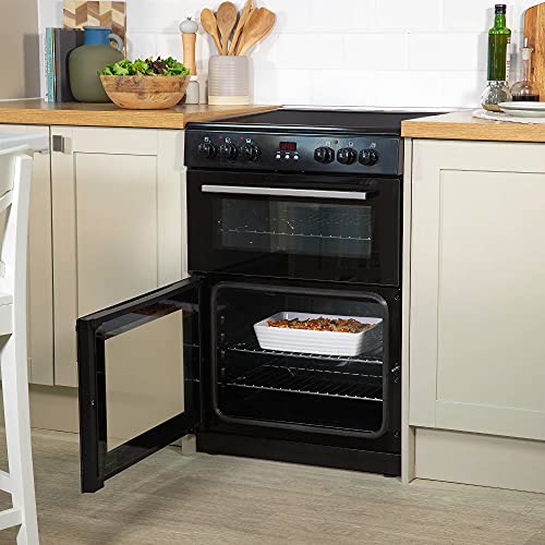 Russell Hobbs RH60EDOEH6001B Black 105L Freestanding 60cm Wide Fan Assisted Electric Cooker with Double Oven, 4 Zone Schott Glass Ceramic Hob, 6 Functions, A Rated Energy with Clock & Timer