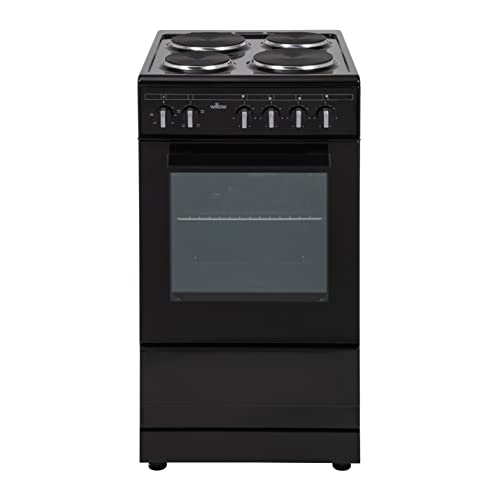 WILLOW WSE50B Electric Cooker, Integrated Grill, Four Electric Ceramic Hobs, Single Conventional Oven, Analogue Dials, 50cm Wide, 48L Capacity, 2 Years Manufacturer’s Warranty (Black)