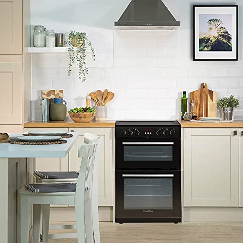 Russell Hobbs RH60EDOEH6001B Black 105L Freestanding 60cm Wide Fan Assisted Electric Cooker with Double Oven, 4 Zone Schott Glass Ceramic Hob, 6 Functions, A Rated Energy with Clock & Timer
