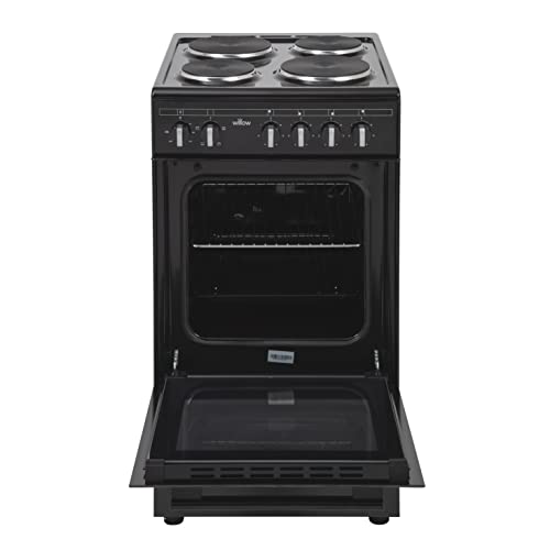 WILLOW WSE50B Electric Cooker, Integrated Grill, Four Electric Ceramic Hobs, Single Conventional Oven, Analogue Dials, 50cm Wide, 48L Capacity, 2 Years Manufacturer’s Warranty (Black)