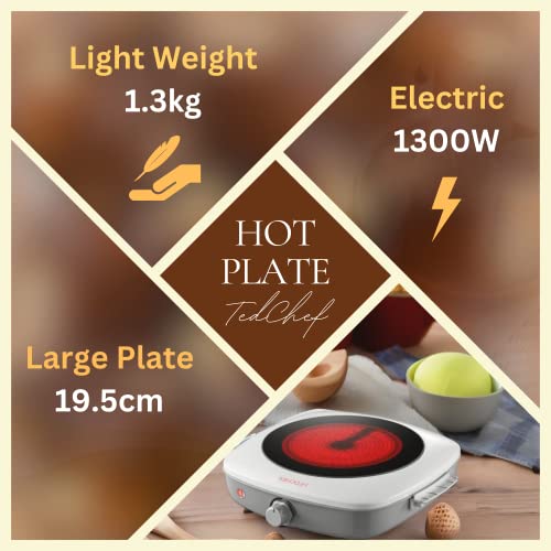 Single Hot Plate Electric Cooker Hob | 1300W Infrared Portable Electric Hob Cooker | Table Top Single Burner Electric Hot Plate For Cooking At Home or Outdoors | Electric Camping Stove | TEDCHEF