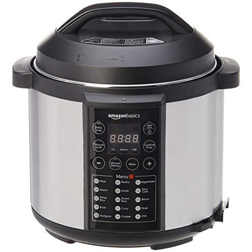 Amazon Basics 23 in 1 Multi-Purpose Electric Steamer, Pressure Cooker, 5.5 Litre, 1000 W, Brushed Stainless Steel, now with downloadable Free Recipe Book (UK plug)
