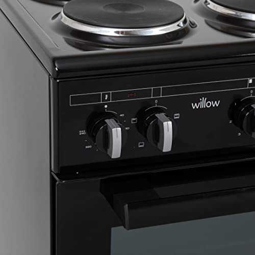 WILLOW WSE50B Electric Cooker, Integrated Grill, Four Electric Ceramic Hobs, Single Conventional Oven, Analogue Dials, 50cm Wide, 48L Capacity, 2 Years Manufacturer’s Warranty (Black)