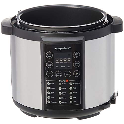 Amazon Basics 23 in 1 Multi-Purpose Electric Steamer, Pressure Cooker, 5.5 Litre, 1000 W, Brushed Stainless Steel, now with downloadable Free Recipe Book (UK plug)