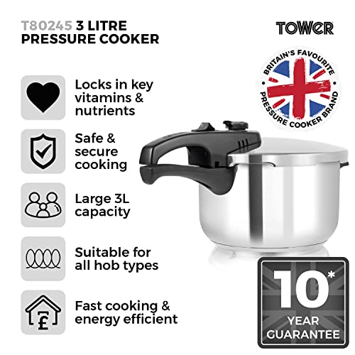 Tower T80245 Stainless Steel Pressure Cooker with Steamer Basket, 3 Litre, Stainless Steel