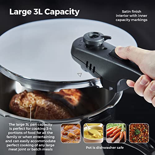 Tower T80245 Stainless Steel Pressure Cooker with Steamer Basket, 3 Litre, Stainless Steel