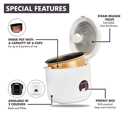 Reishunger Rice Cooker & Rice Steamer with Keep-Warm Function (1.2 litres - 6.5 cups) - For 1-6 People - Fast Cooking Without Burning - Non-Stick Coating incl. Steamer Insert