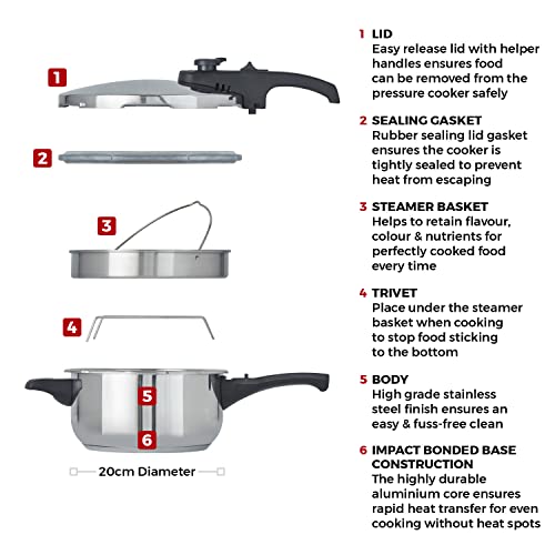 Tower T80245 Stainless Steel Pressure Cooker with Steamer Basket, 3 Litre, Stainless Steel