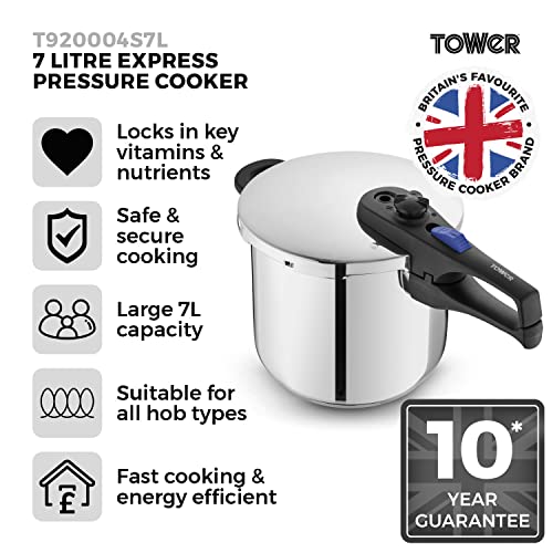 Tower T80244 6L/22cm Pressure Cooker with Steamer Basket, Stainless Steel, Silver