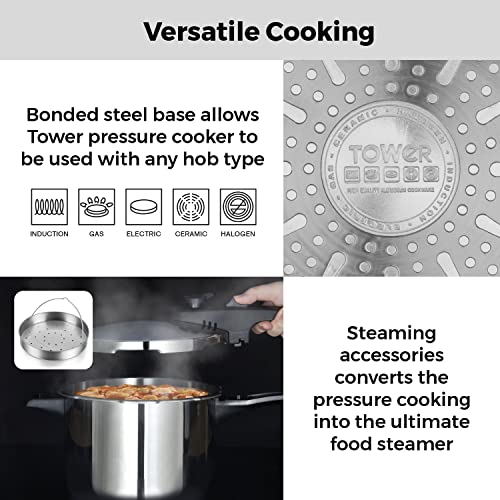 Tower T80244 6L/22cm Pressure Cooker with Steamer Basket, Stainless Steel, Silver