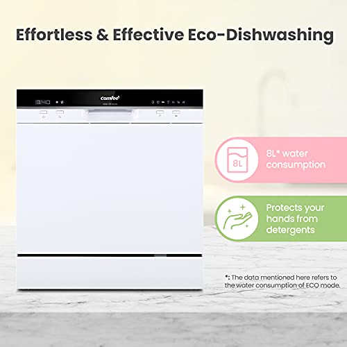 COMFEE' Table Top Dishwasher TD802 Compact Dishwasher with 8 Place Settings, 7 Programmes, LED Display, Delay Start and Off-peak Wash Function